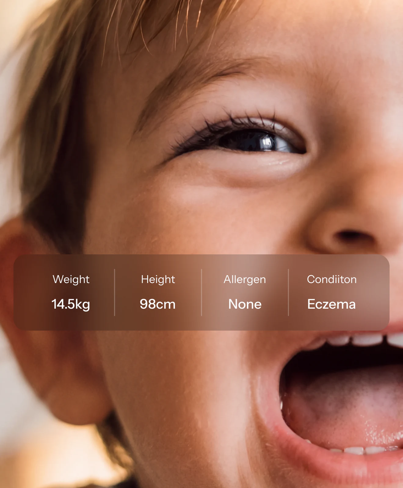 Bobo health profile showing a child's weight, height, allergen, and condition