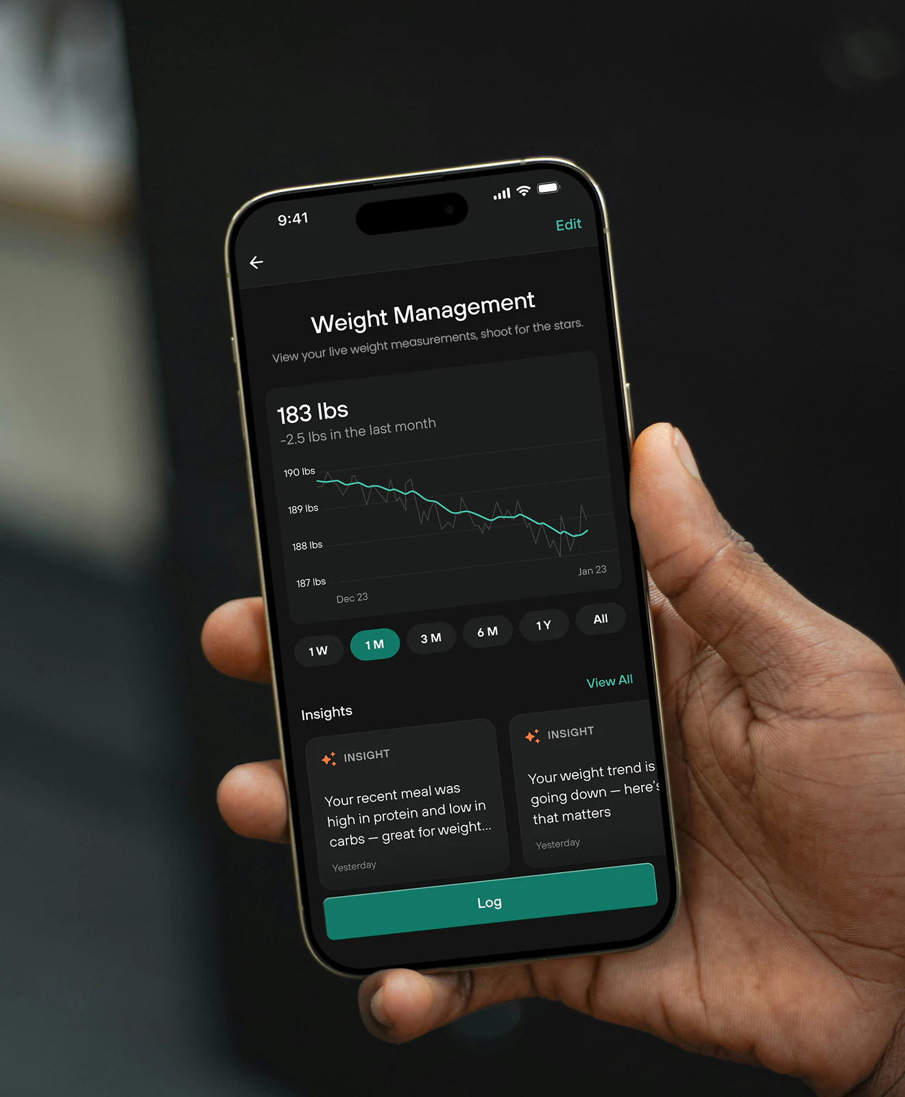 Levels app showing a weight management screen with a trend chart and insight cards